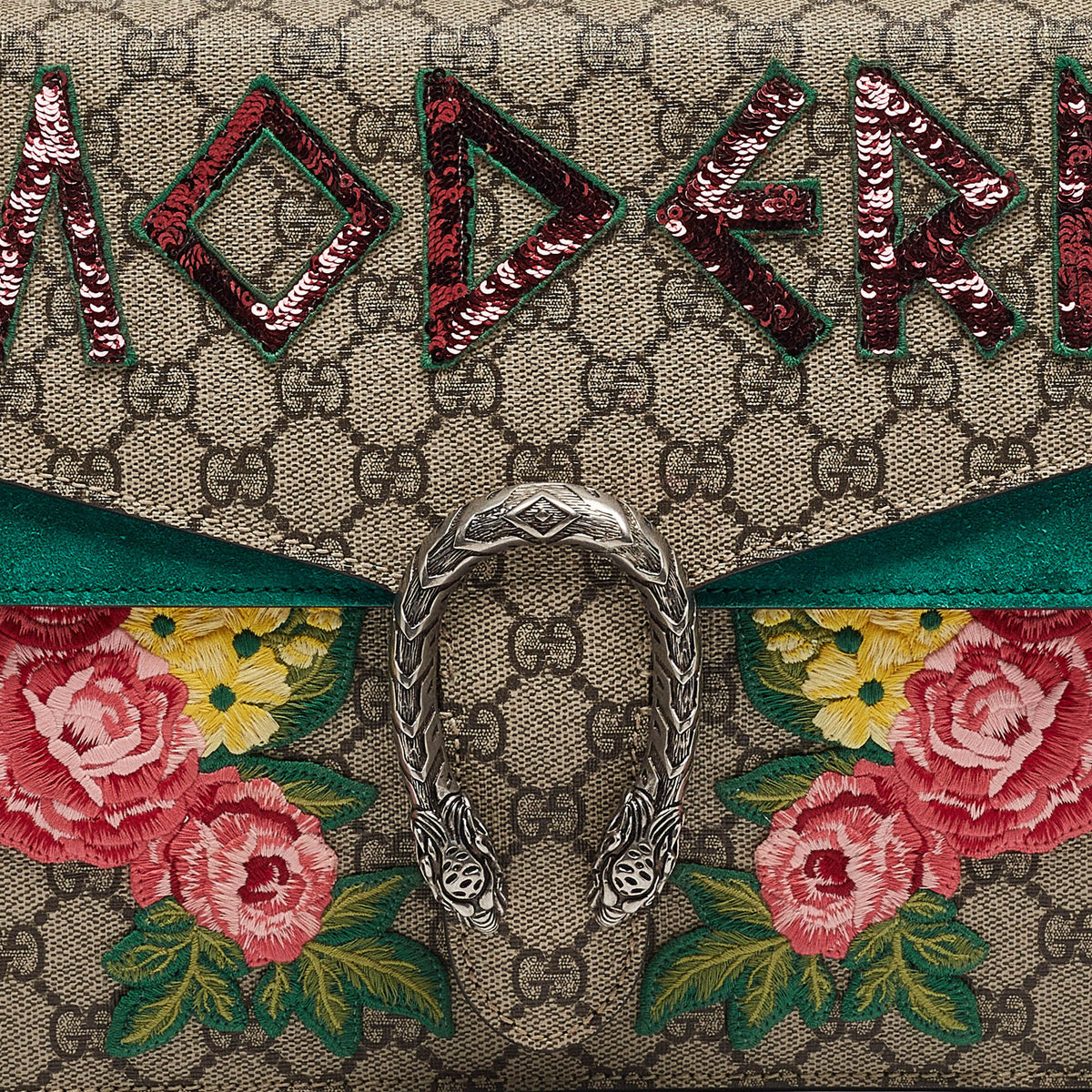 GUCCI Green/Beige GG Supreme Canvas and Suede Medium Modern Embroidered Dionysus Shoulder Bag