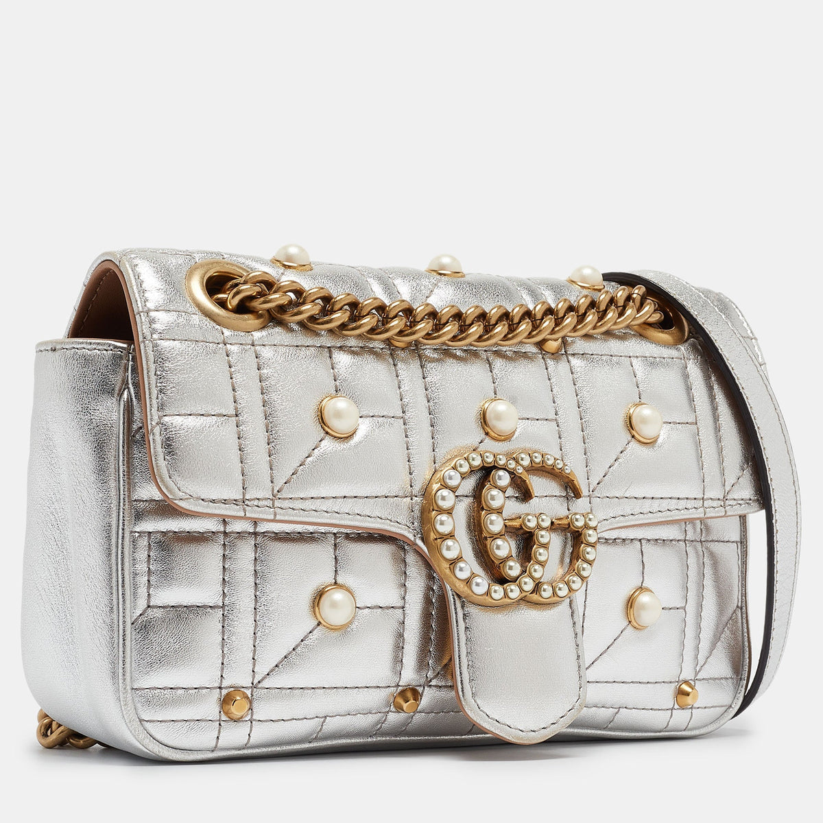 GUCCI Silver Matelasse Leather Mini GG Marmont Pearl Shoulder Bag