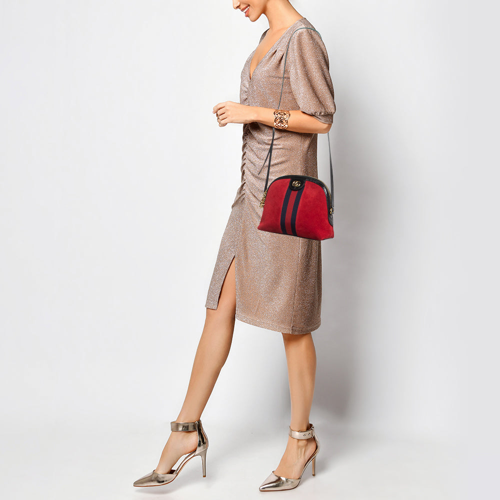 GUCCI Red/Black Suede and Patent Leather Small  Ophidia Shoulder Bag