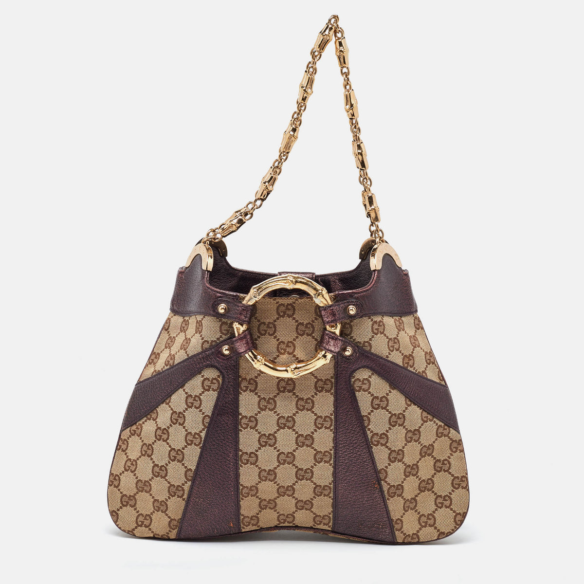 GUCCI Beige/Metallic GG Canvas and Leather Limited Edition Tom Ford Bamboo Hobo