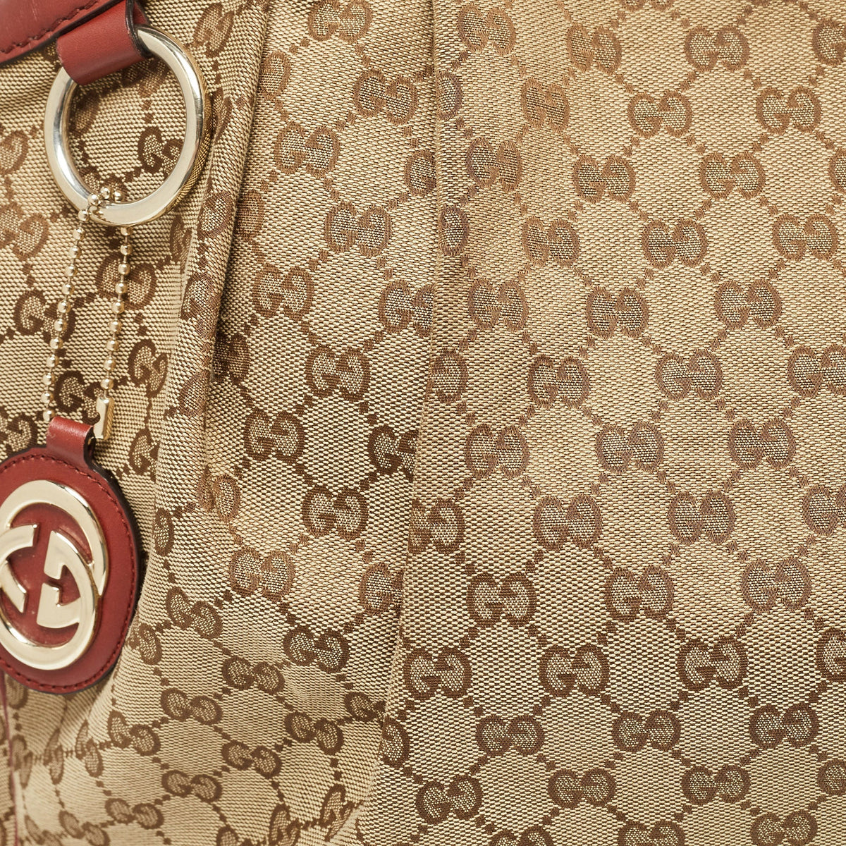 GUCCI Red/Beige GG Canvas and Leather Large Sukey Tote