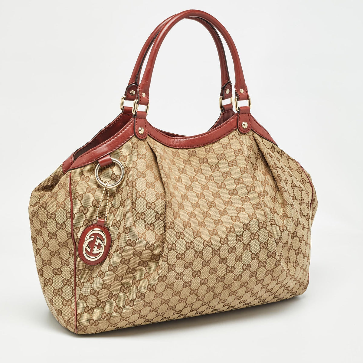 GUCCI Red/Beige GG Canvas and Leather Large Sukey Tote