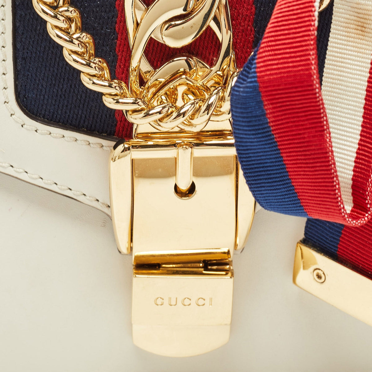 GUCCI Off White Leather Mini Web Chain Sylvie Crossbody Bag