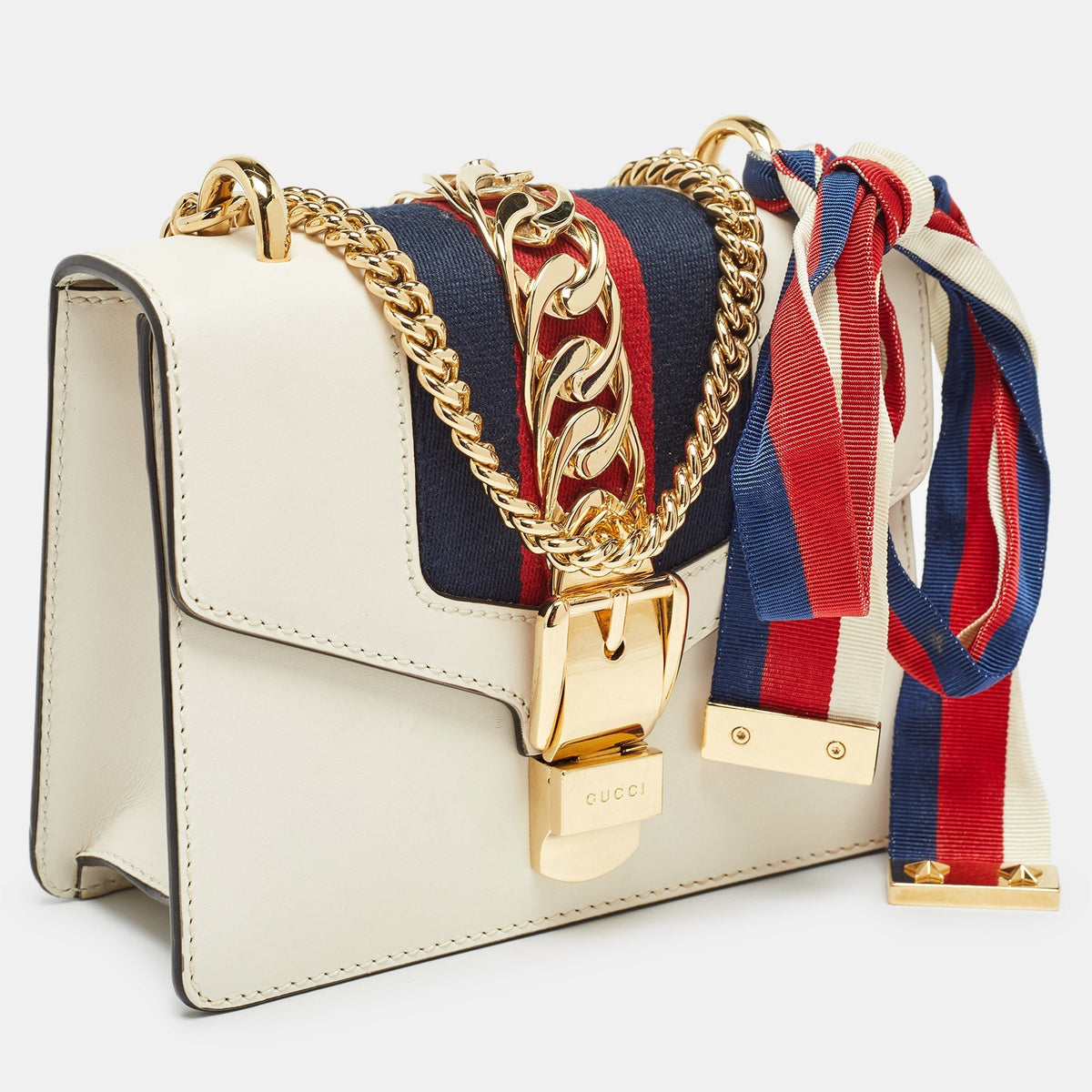 GUCCI Off White Leather Mini Web Chain Sylvie Crossbody Bag
