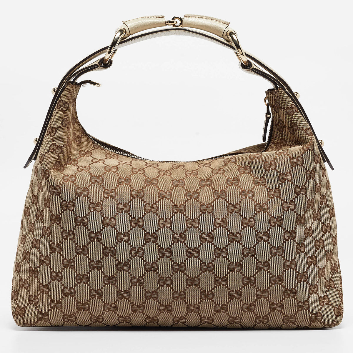 GUCCI White/Beige GG Canvas Medium Horsebit Hobo