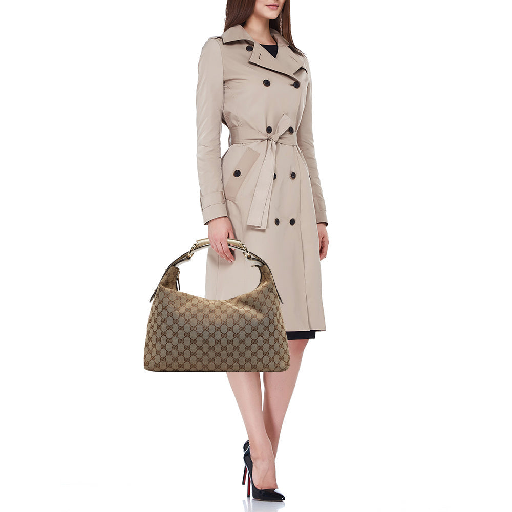 GUCCI White/Beige GG Canvas Medium Horsebit Hobo