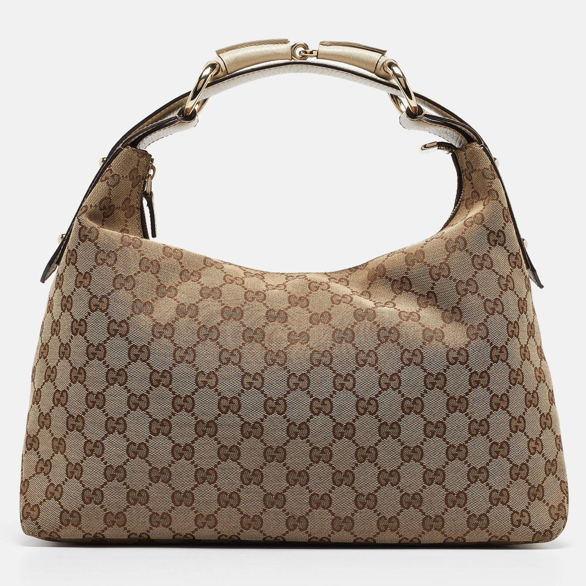 GUCCI White/Beige GG Canvas Medium Horsebit Hobo