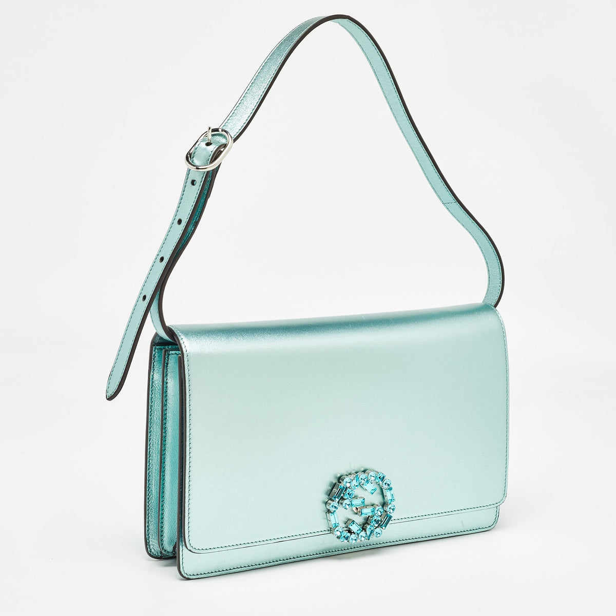 GUCCI Metallic Mint Green Leather Crystals Broadway Clutch Bag