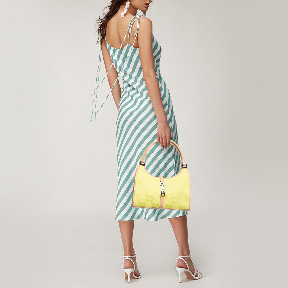 GUCCI Natural/Neon Yellow/ Jumbo GG Canvas Jackie Tote w/ Wallet