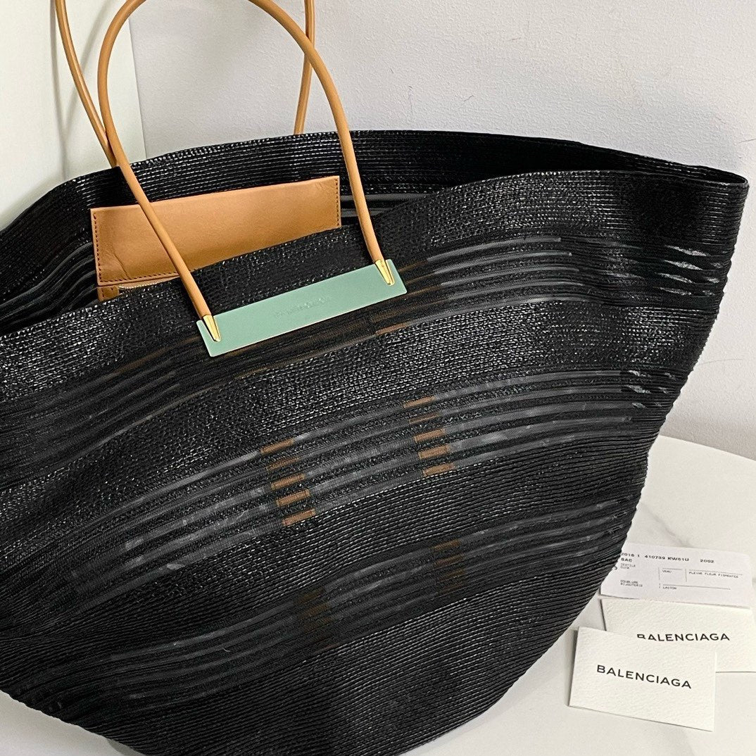 balenciaga Basket Tote XL Black Straw Bag #13560