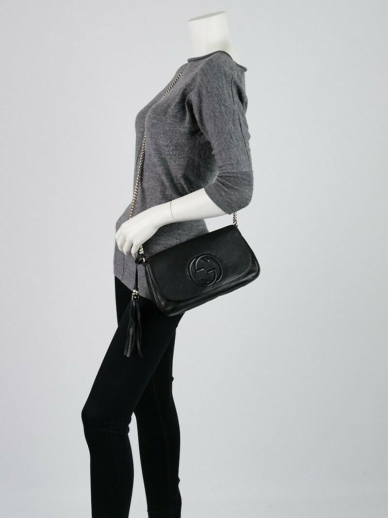 Gucci Soho Interlocking GG Black Leather Chain Flap Shoulder Bag Handb