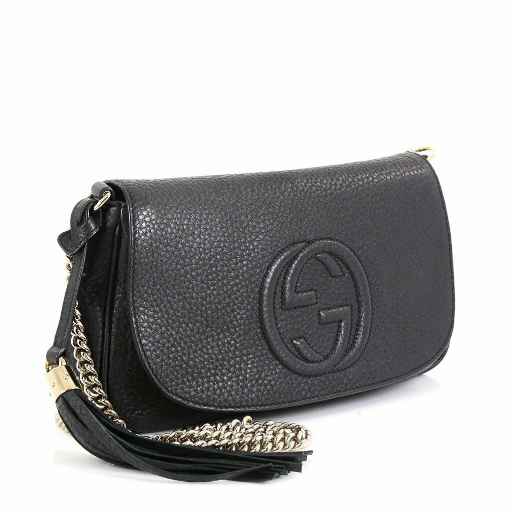 Gucci Soho Interlocking GG Black Leather Chain Flap Shoulder Bag Handb