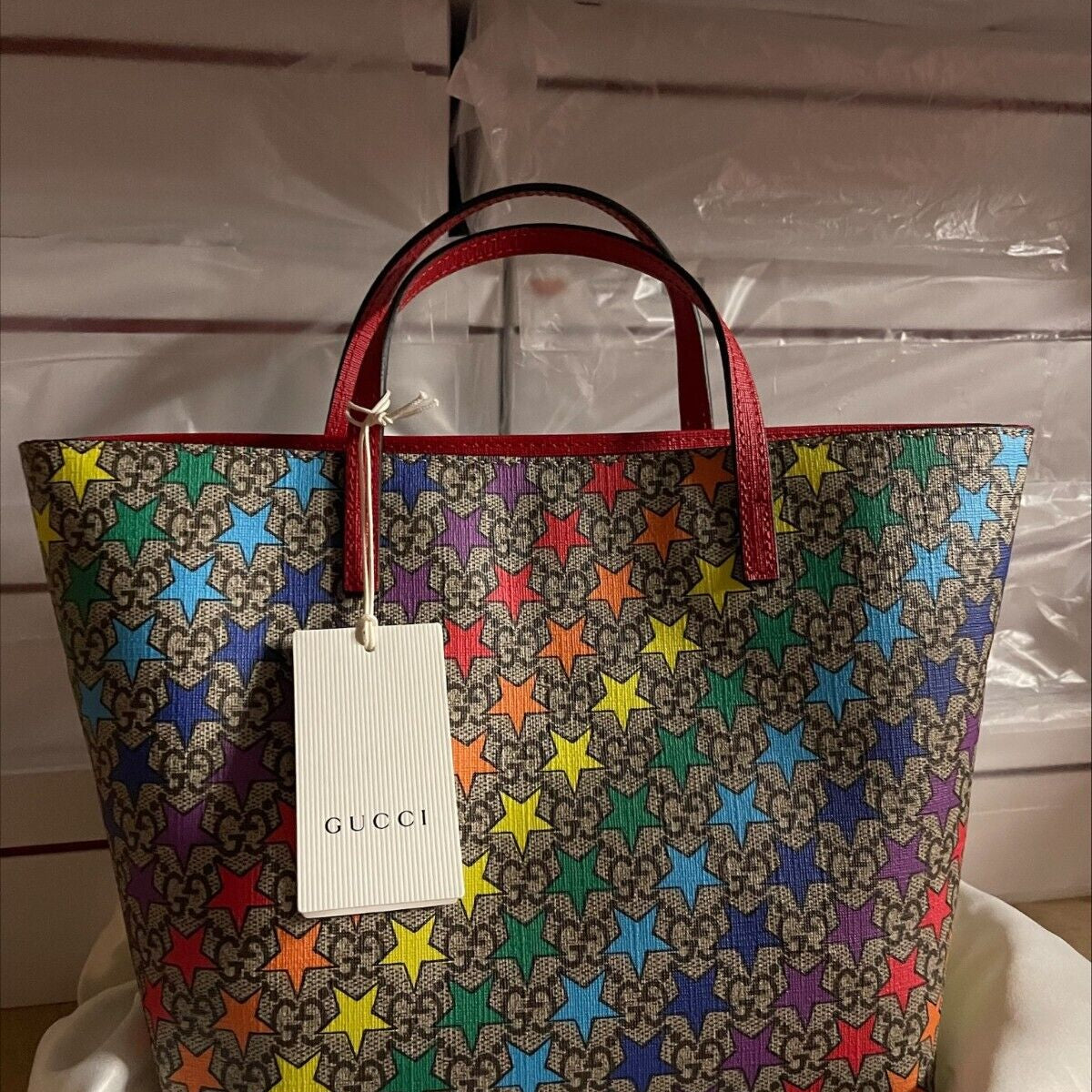 Gucci Childrens Rainbow Stars Leather Supreme Tote Handbag Bag Italy Red NEW