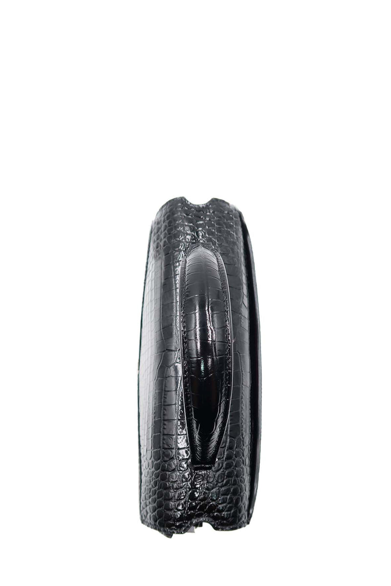 Medium Cassandra Top Handle Bag Crocodile Embossed Black