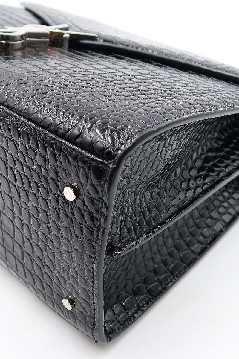 Medium Cassandra Top Handle Bag Crocodile Embossed Black