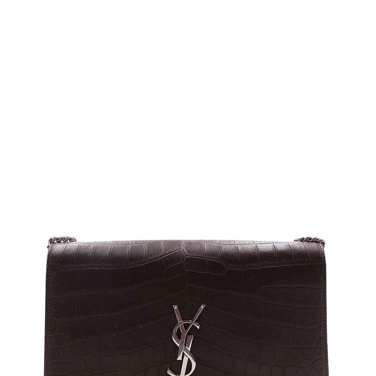 Monogram Medium Kate with Tassel Crocodile Embossed Matte with Silver Hardware Dark Brown