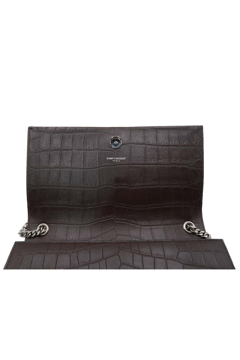 Monogram Medium Kate with Tassel Crocodile Embossed Matte with Silver Hardware Dark Brown