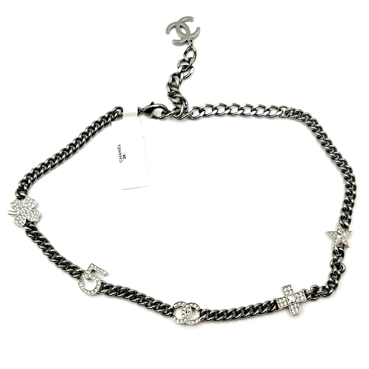 Chanel Brand New Silver 5 Crystal Charms Gunmetal Chain Choker Necklace