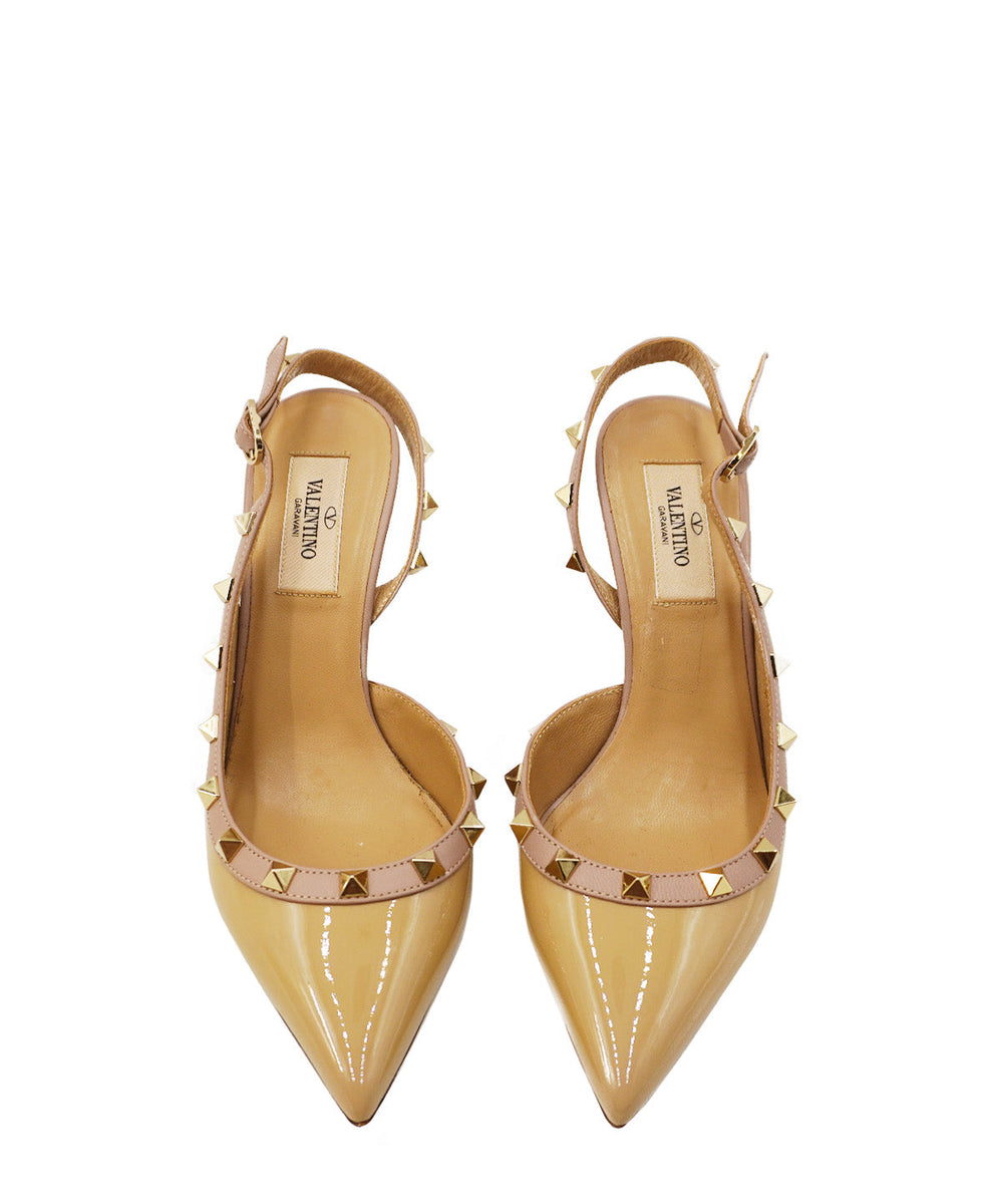 Patent Leather Studded Accents Pumps Beige