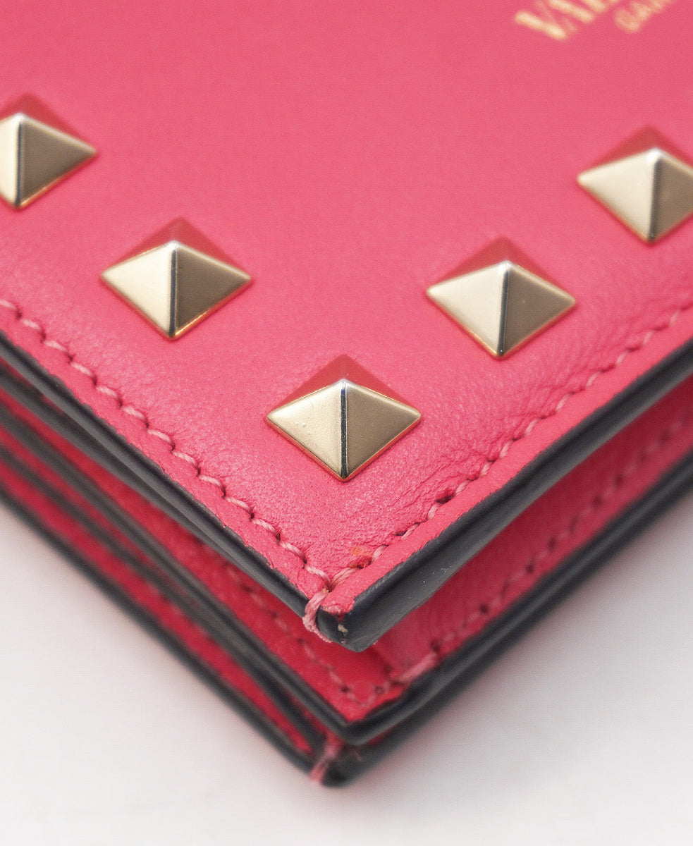 Rockstud Accents Leather Compact Wallet Pink