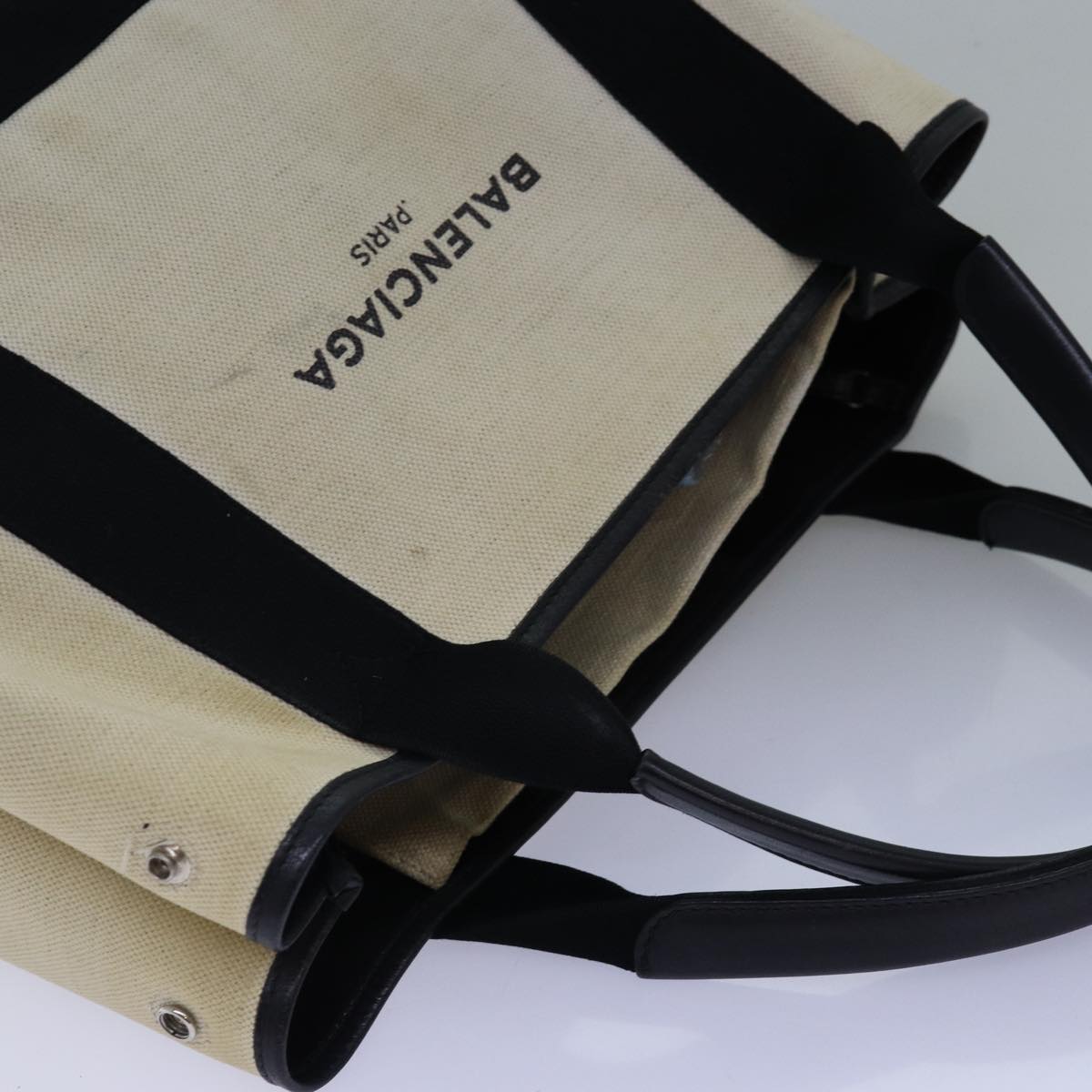 balenciaga Navy Cabas S Hand Bag Canvas White Black 339933 Auth yk12669