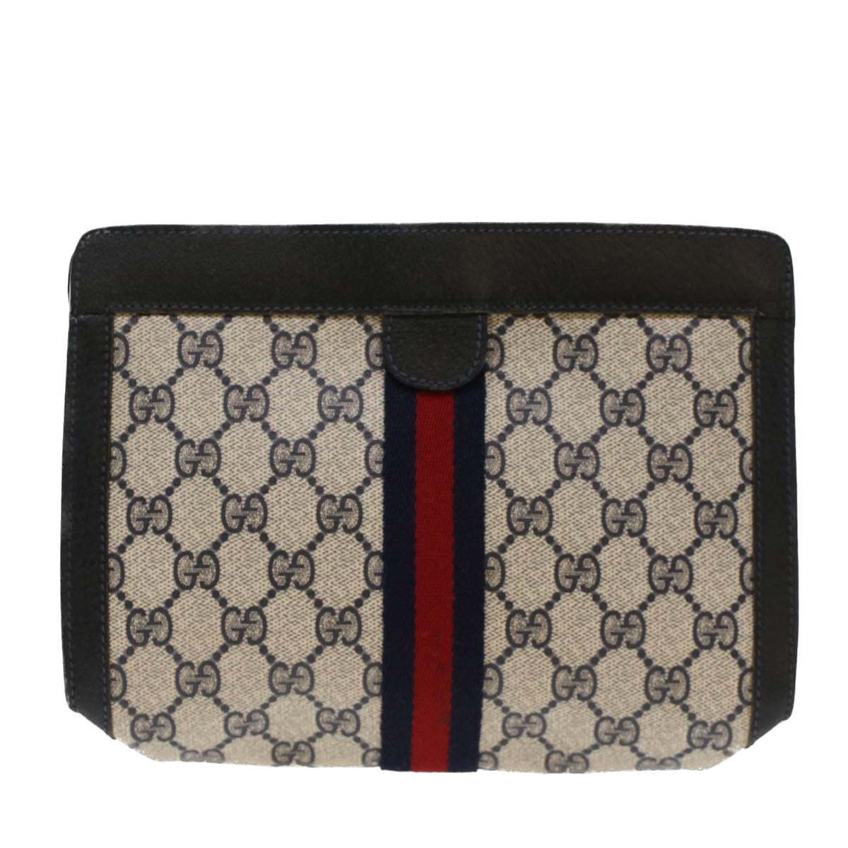 GUCCI GG Canvas Sherry Line Clutch Bag PVC Leather Navy Red Auth yk7860
